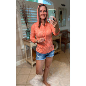 Sexy Sheer Burnout Drawstring Hoodie Tissue High Neck Top Shirt Peach