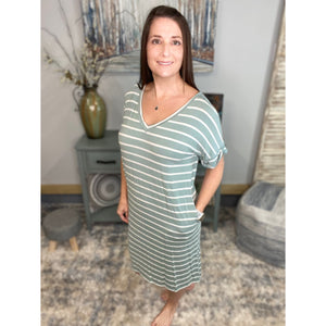 "Think Out The Box" Boxy V Neck Striped Rolled Cuff Sleeve Pockets Summer Tee Shirt Dress Sage Green S/M/L