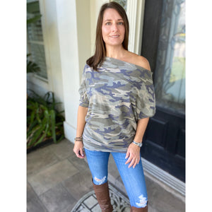 “This Girl Wears Camo” Camouflage Off Shoulder Open Neck Dolman Long Sleeve Top Green