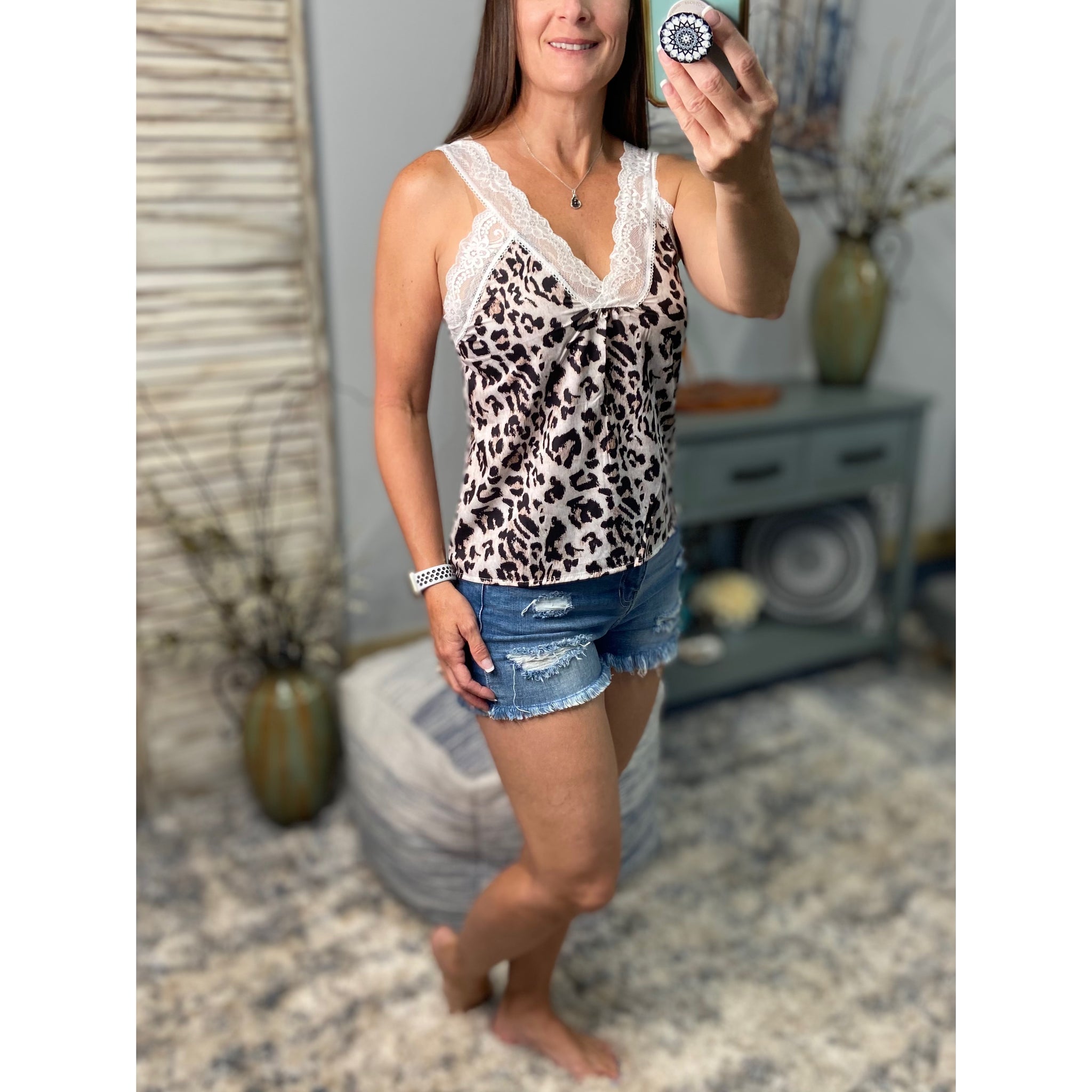 "Here I Go Again" Chic Leopard Sleeveless Low Lace Cami Top Brown Tan S/M/L/XL