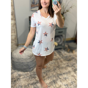 "All American Girl" Stars and Stripes 4th of July Star Print V-Neck Red White Blue S/M/L/XL