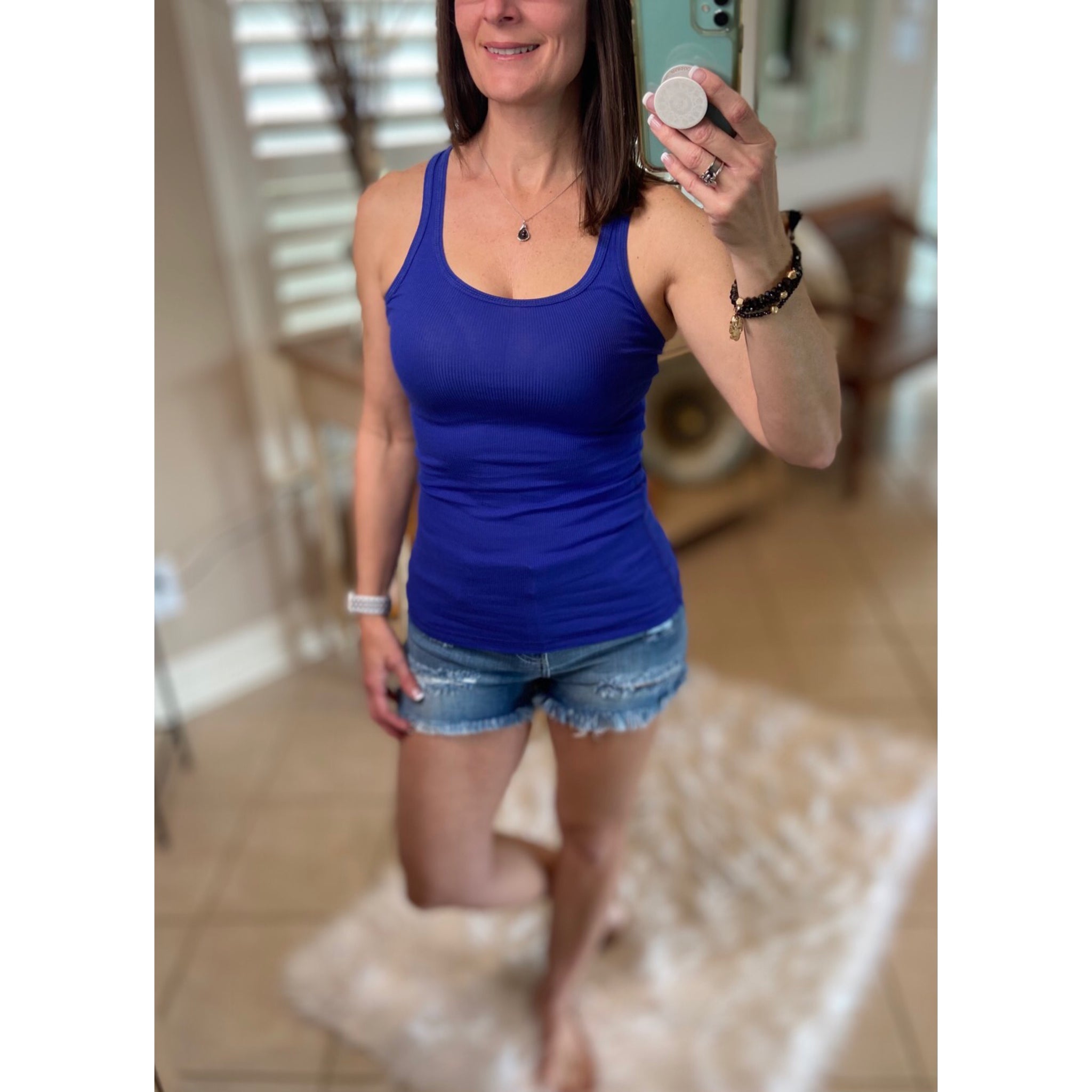 "Can't Touch This" Ribbed Racerback Low Scoop Boy Beater Cleavage Tank Top Bright Blue PLUS
