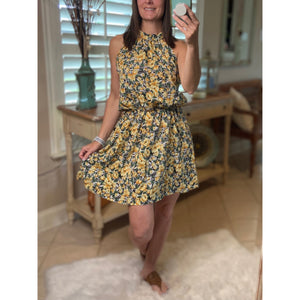 "You Are The Reason" Floral Halter Neckline Blouson Sleeveless Keyhole Tie Floaty Fall Dress Yellow
