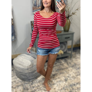 Sexy Boat Neck Preppy Striped Rugby Open Shoulder Stretch Shirt Top Red