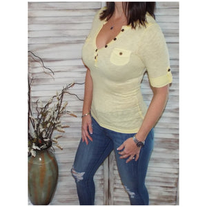 Sexy V Neck Plunge Cleavage Military Henley Pocket Cuff Sleeve Melange Top Yellow