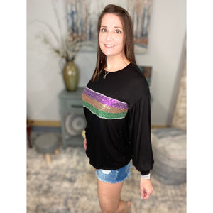 "Second Line" Mardi Gras Striped Sequined Color Block V-Neck Shirt Purple Green & Gold Black