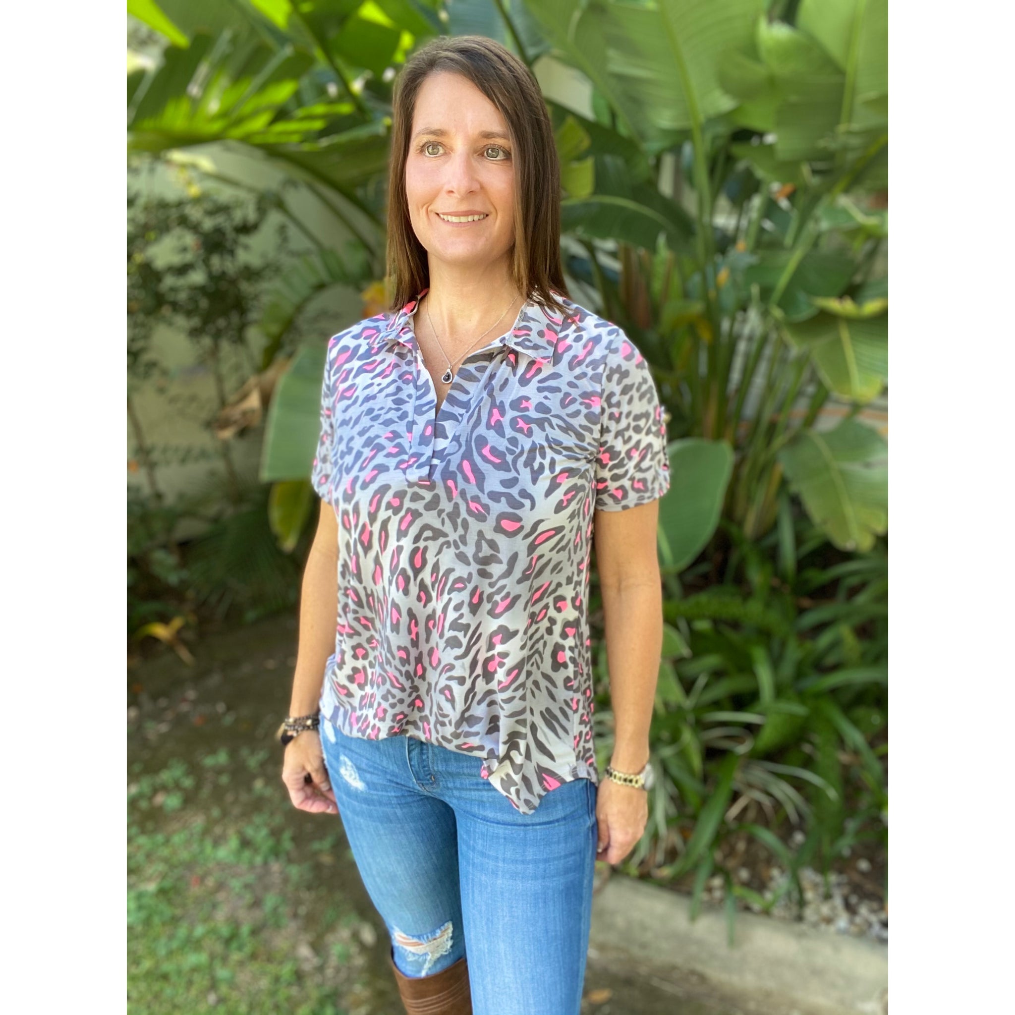 “She Is Fierce” Leopard Animal V Neck Collar Short Sleeve Tab Button Floaty Tunic Top Gray Pink