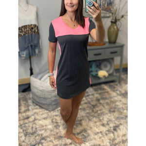 "You're The One" Scoop Neck Color Block Mini Summer Short Sleeve Tee Shirt Dress Gray Pink