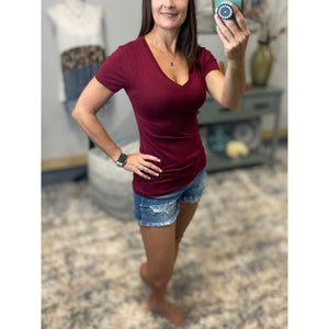 “Basic Babe” Low Cut V-Neck Cleavage Baby Slimming Basic Tee Shirt Maroon S/M/L/XL