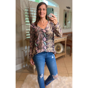 “Night Out With the Girls” Snakeskin Print Deep V Neck Long Sleeve Pink Multi