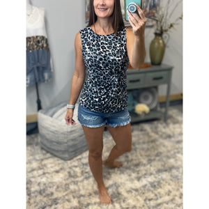 "I Won’t Hold You Back" Leopard Floaty Round Neck Knot Front Summer Tank Top Black Summer Vacation