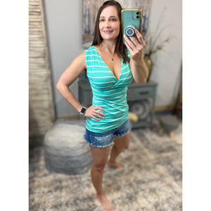 Striped Low Cut Cleavage Empire Faux Wrap Summer Tank Top Mint S/M/L