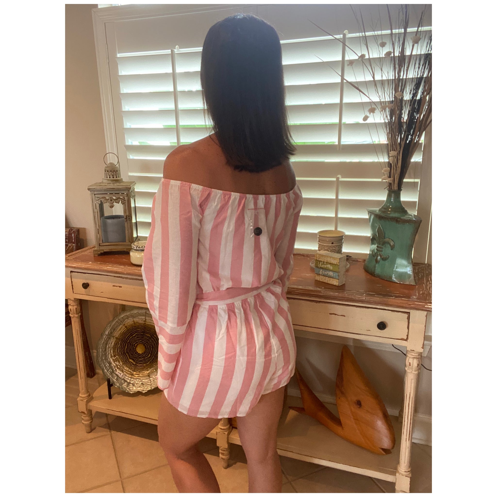 Sexy Off Shoulder Striped Button Dressy Belted Romper Shorts Pink S/M/L