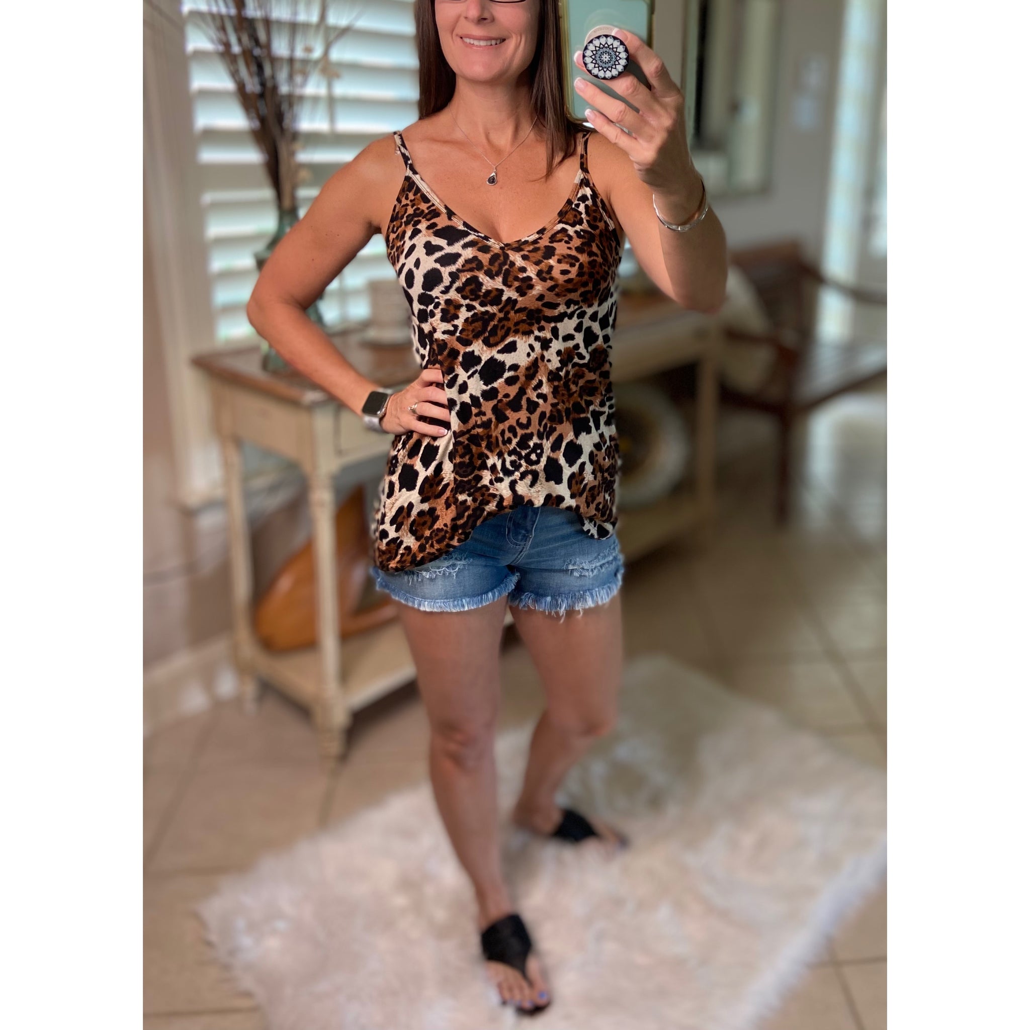 “Heat Wave” Reversible Leopard Low Scoop Or V Neck Spaghetti Strap Tank Top Brown