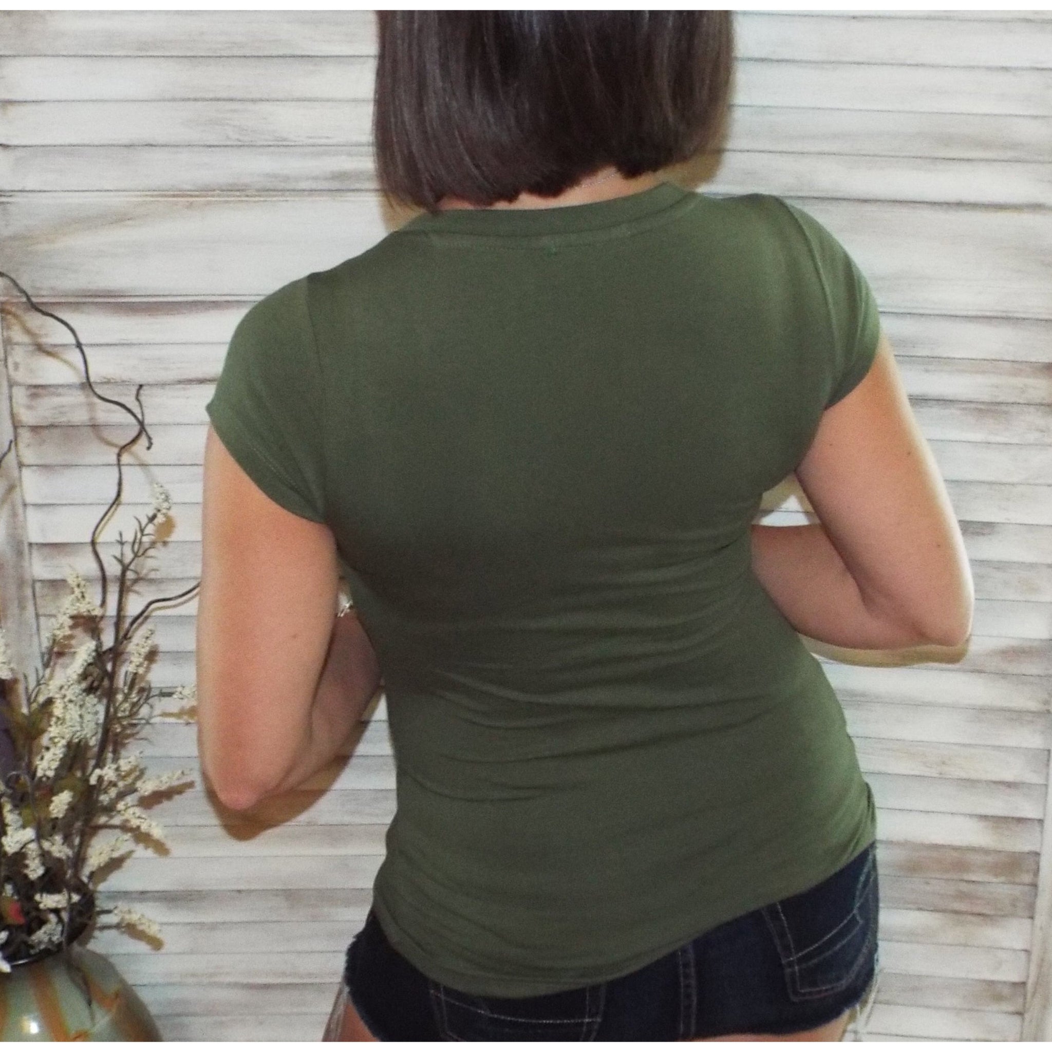 “Basic Babe” Low Cut V Neck Cleavage Baby Slimming Basic Tee Shirt Top Deep Olive