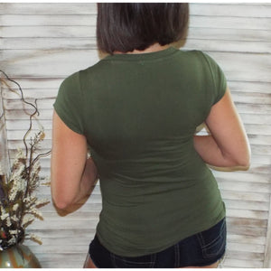 “Basic Babe” Low Cut V Neck Cleavage Baby Slimming Basic Tee Shirt Top Deep Olive