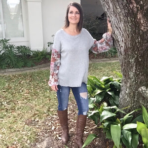 Woven Waffle Bishop Bubble Floral Contrast Long Sleeve Top Gray S/M/L