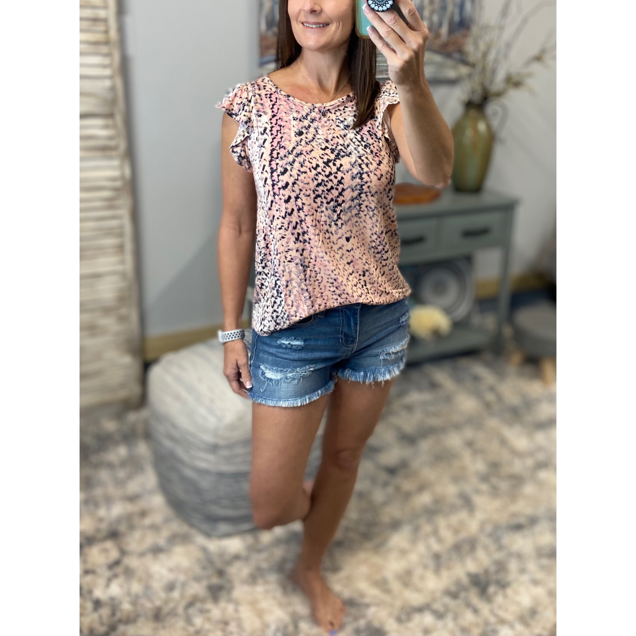 “I’ve Come a Long Way” Snake Print Short Flutter Sleeve Round Neck Top Pink Black S/M/L/XL