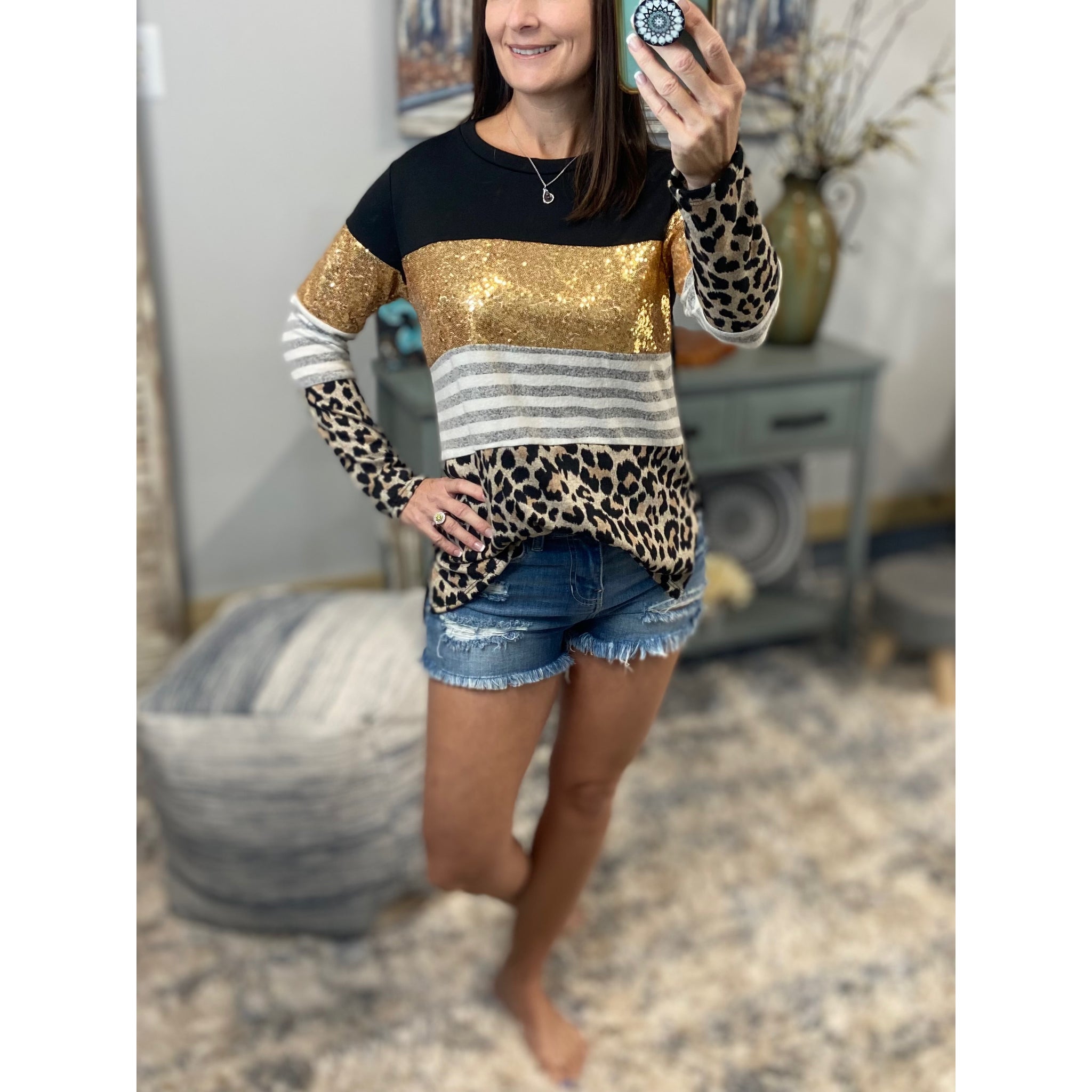 "All That Glitters" Gold Sequined Round Neck Leopard Animal Print Pocket Long Sleeve Black