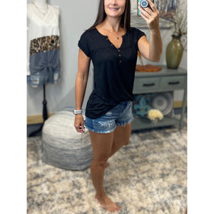 “Just Be You” Sheer Burnout Melange Tissue V Neck Henley Short Tab Sleeve Shirt Tee Black