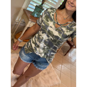 "March to a Different Drum" Distressed Camouflage Criss Cross Cutout Front Short Sleeve Green S/M/L