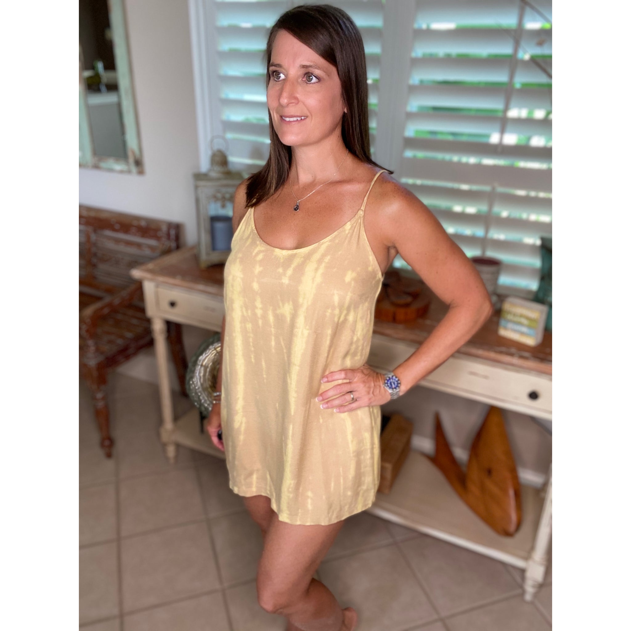 “Day at the Pool” Sexy Tie Dye Mini V-Neck Cami Tank Adjustable Spaghetti Strap Yellow