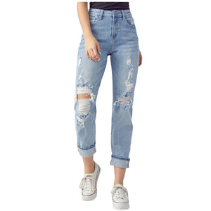 "Rise & Shine" Risen High Rise Cuff Denim Distressed Boyfriend Stretch Jeans Light Wash Blue