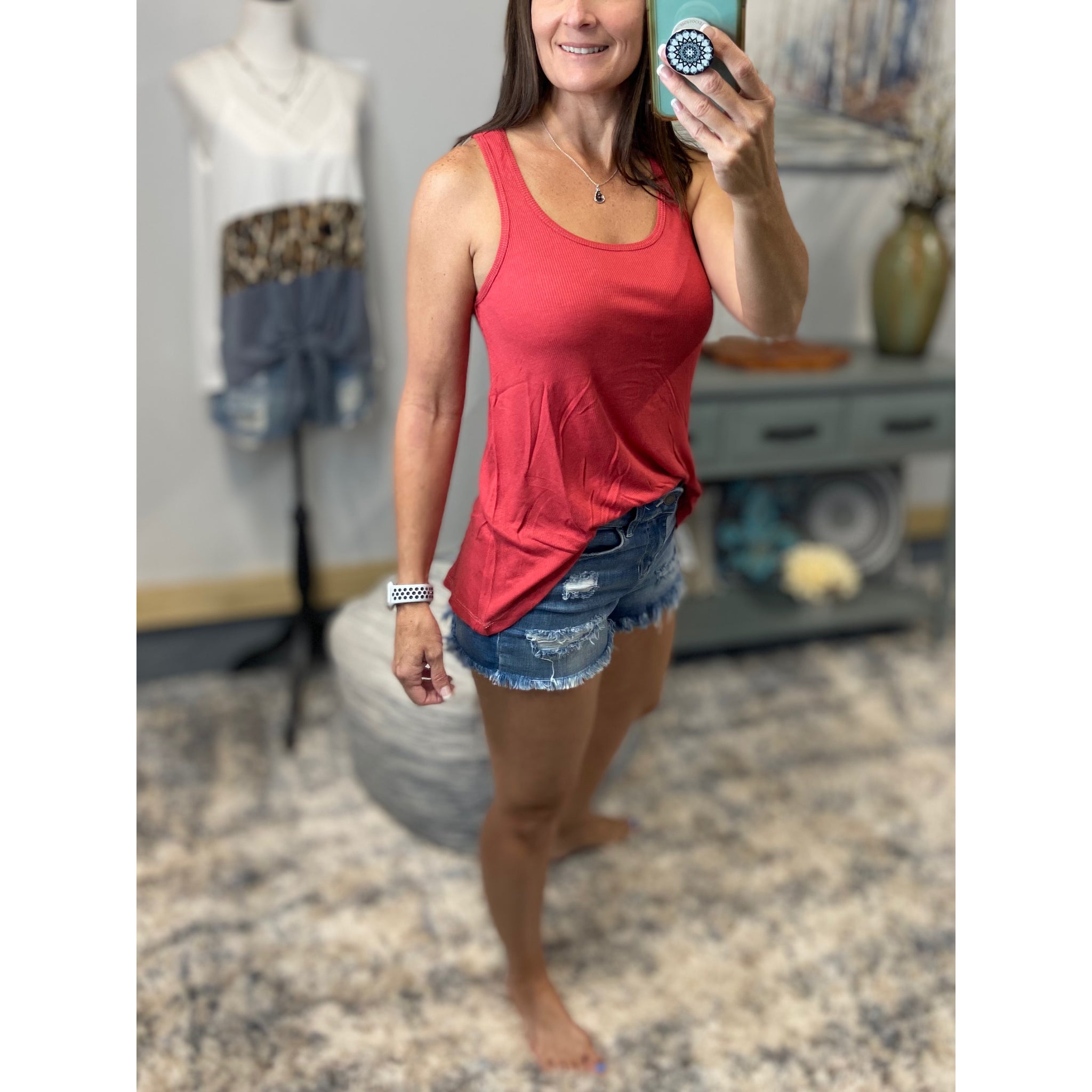 Sparkle Low Cut Summer Racerback Ribbed Floaty Tank Top Tunic Red S/M/L
