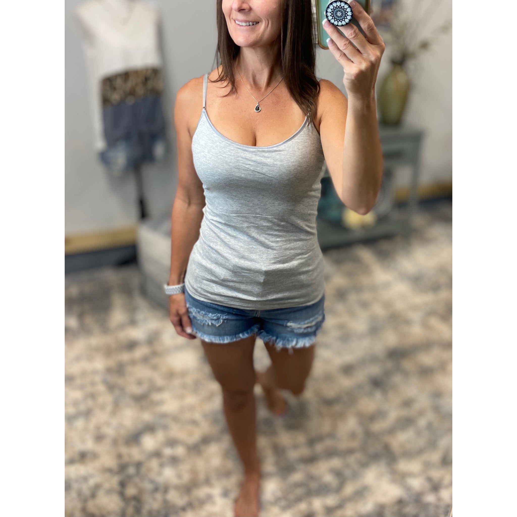 Low Cut Shelf Bra Cleavage Adjustable Straps Layering Cami Light Gray S/M/L