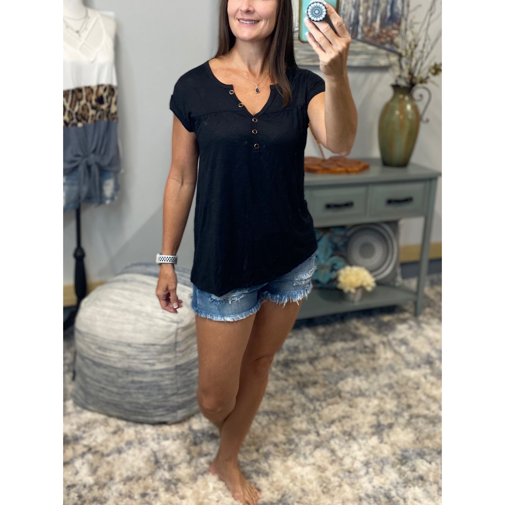 “Just Be You” Sheer Burnout Melange Tissue V Neck Henley Short Tab Sleeve Shirt Tee Black