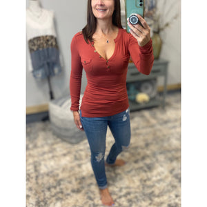 Sexy Deep V Neck Plunge Cleavage Military Henley Pocket Top Rust