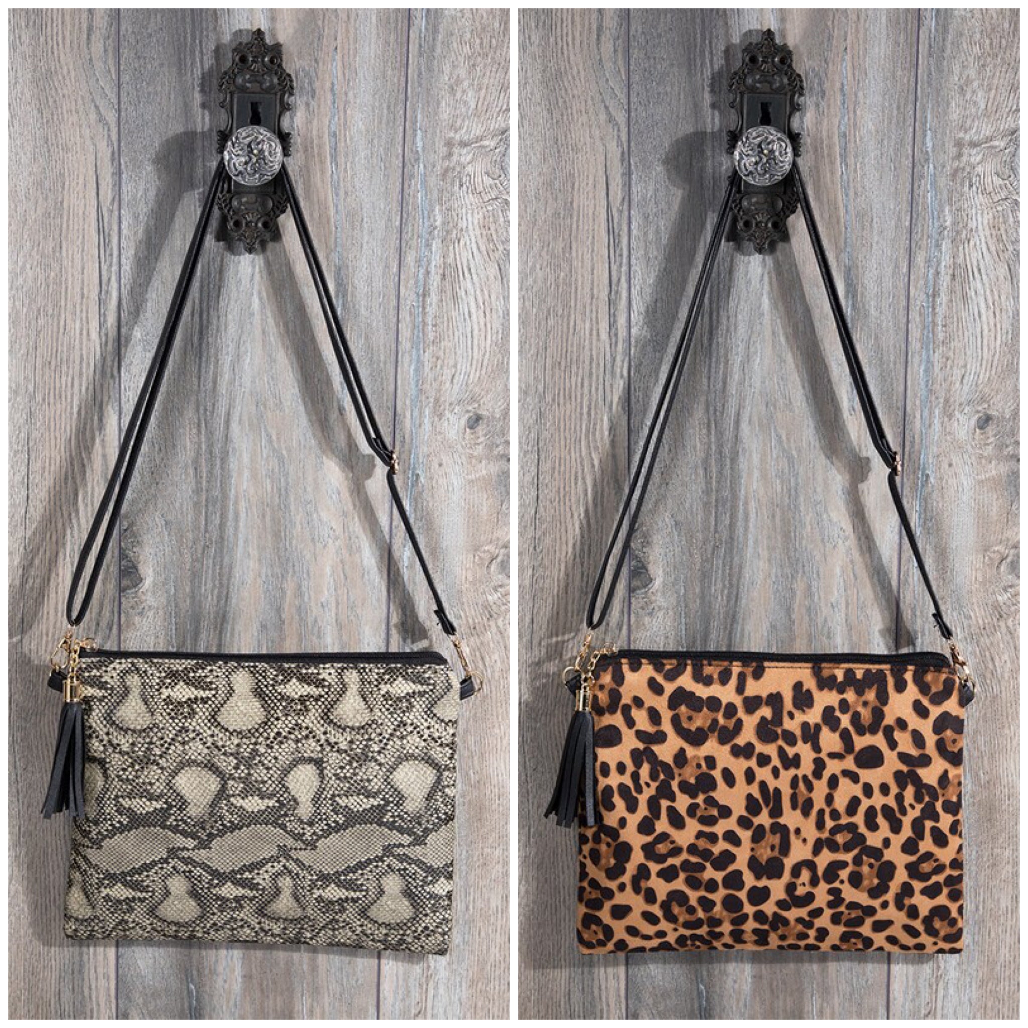 Snake Print Tassel Cross Body Clutch Wristlet Adjustable Strap Black Cream