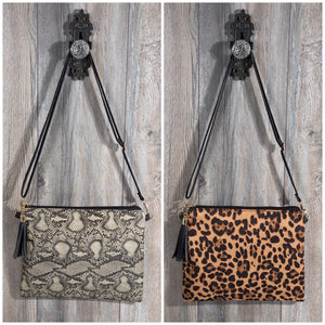 Snake Print Tassel Cross Body Clutch Wristlet Adjustable Strap Black Cream