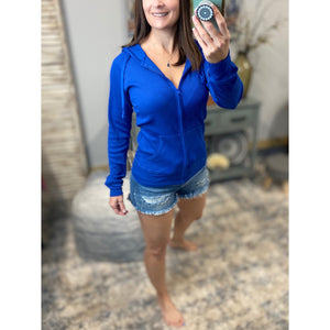 "Get Cozy" Zip Up Waffle Thermal Hoodie Light Jacket Long Sleeve Yoga Royal Blue