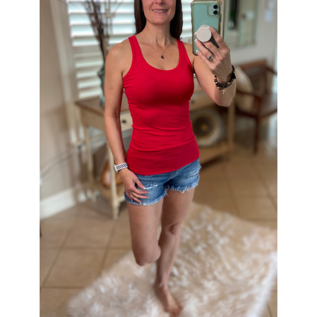 "Can't Touch This" Ribbed Low Scoop Boy Beater Cleavage Fitted Tank Top Red S/M/L/XL