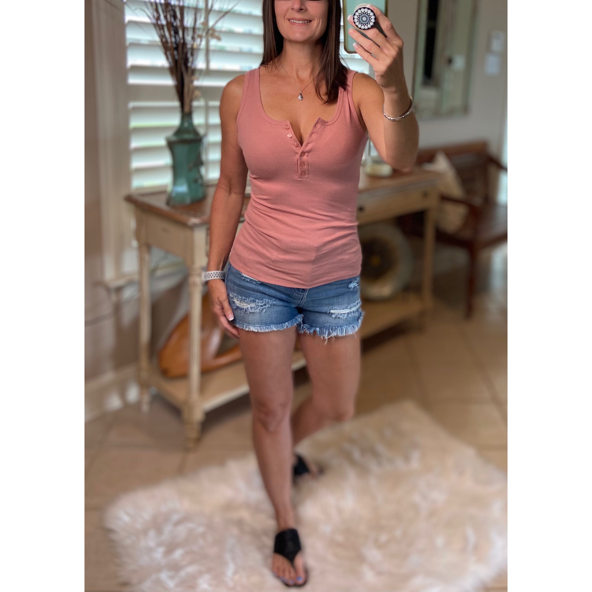 “Let The Sun Shine” Ribbed Henley Low Cut Boy Beater Cleavage Fitted Tank Top Pink