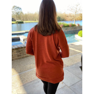 “Falling In Love” Oversized Pocket Sweater V Neck Split Side Banded Bottom Rust