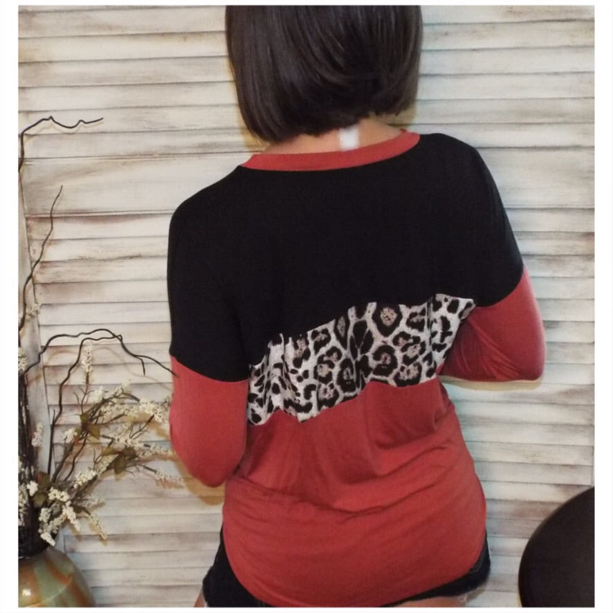 "I'm All Confused" Round Neck Floaty Self Tie Animal Print Color Block Long Sleeve Rust Black