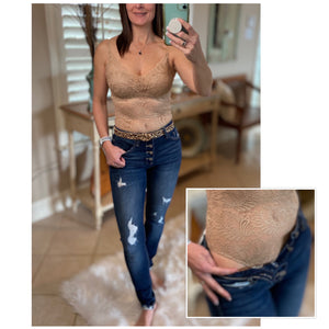 “Chantilly Lace” Scalloped All Lace Sleeveless V-Neck Bodysuit Tank Top Tan Nude S/M/L
