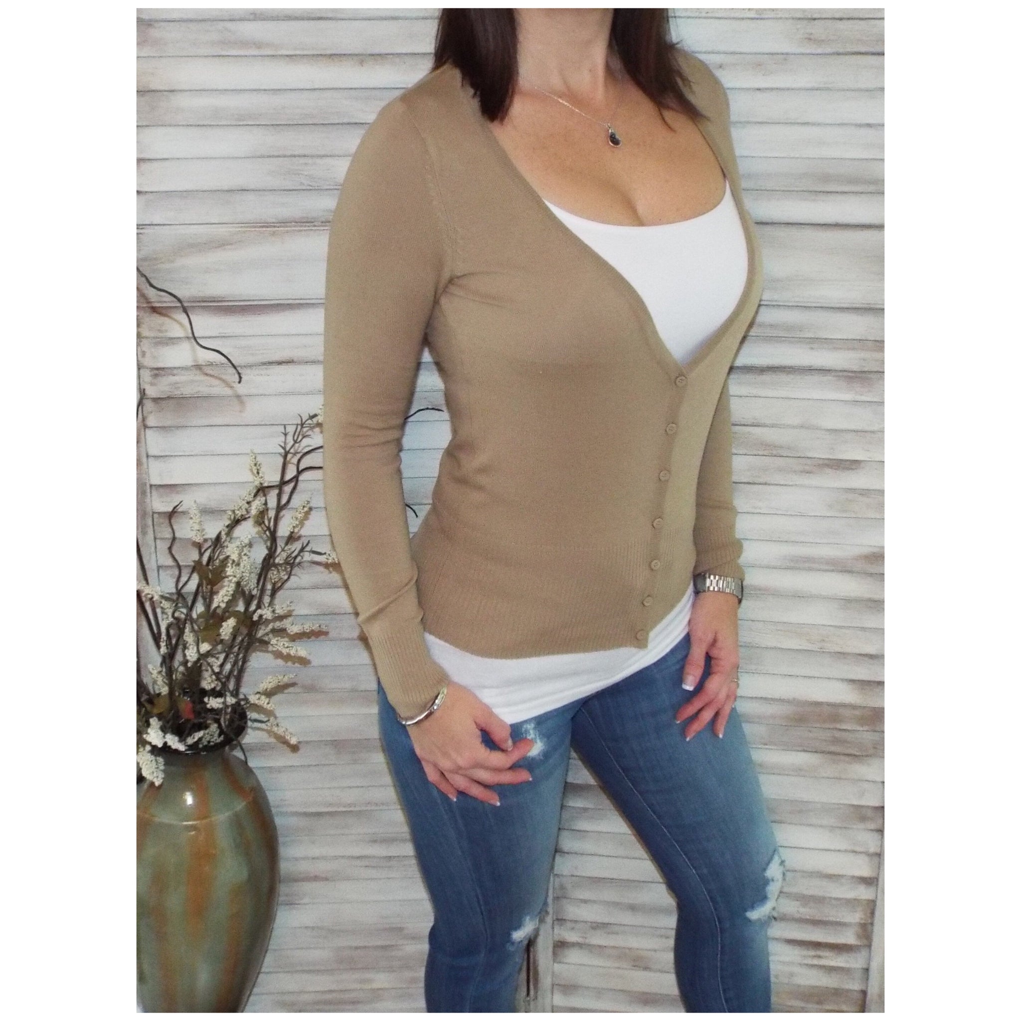 Sexy Preppy Cropped Cleavage Button Up Cardigan Long Sleeve Sweater Khaki Tan