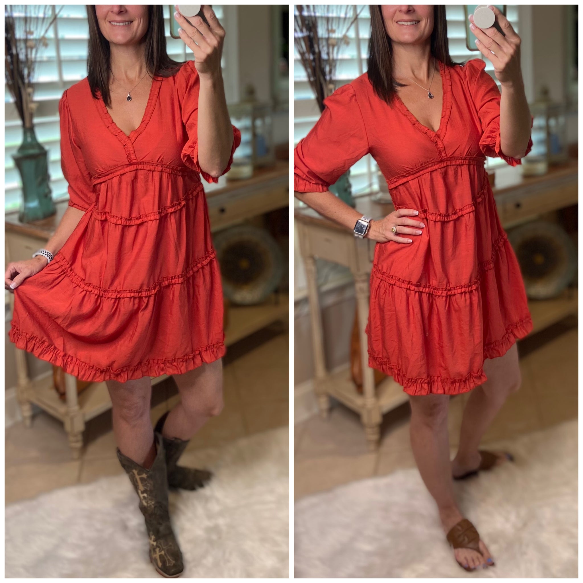 “Say You Won’t Let Go” Boho Tiered Ruffle Trim V Neck Half Sleeve Western Peasant Babydoll Dress Rust