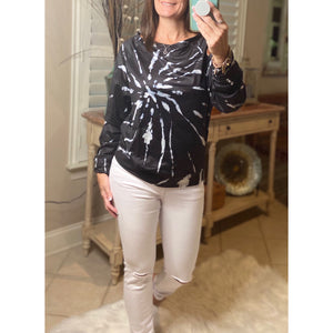 “Spiraling Out of Control” Tie Dye Spiral Off Shoulder Boat Neck Banded Bottom Sweatshirt Black