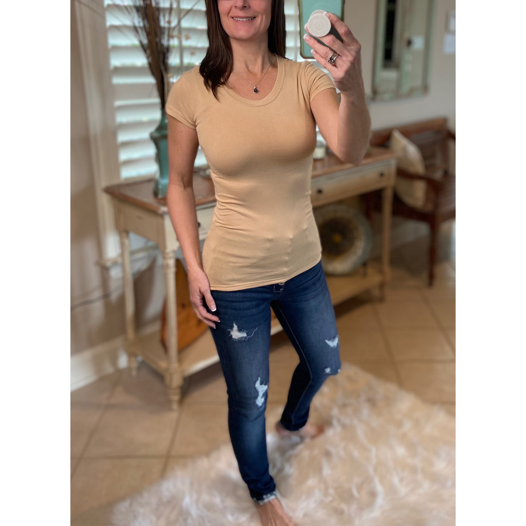 Sexy Crew Neck Basic Baby Slimming Short Cap Sleeve Tee Shirt Khaki