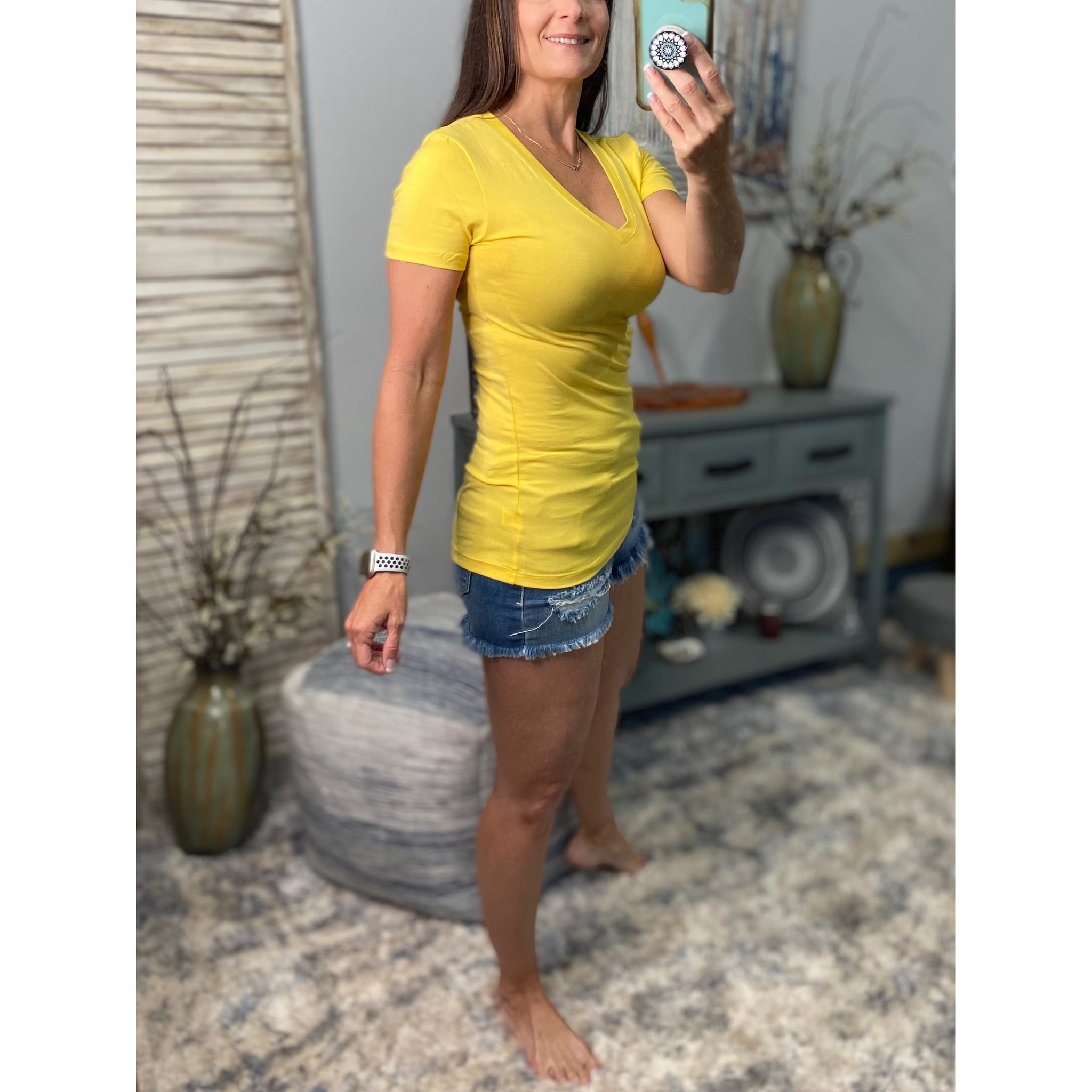"Basic Babe" Low Cut V-Neck Cleavage Baby Slimming Basic Tee Shirt Yellow S/M/L/XL