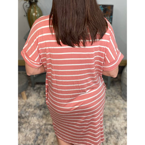 "Think Out The Box" Boxy V-Neck Striped Rolled Cuff Sleeve Pocket Summer Tee Shirt Dress Rose Pink S/M/L