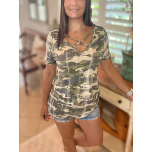 "March to a Different Drum" Distressed Camouflage Criss Cross Cutout Front Short Sleeve Green S/M/L
