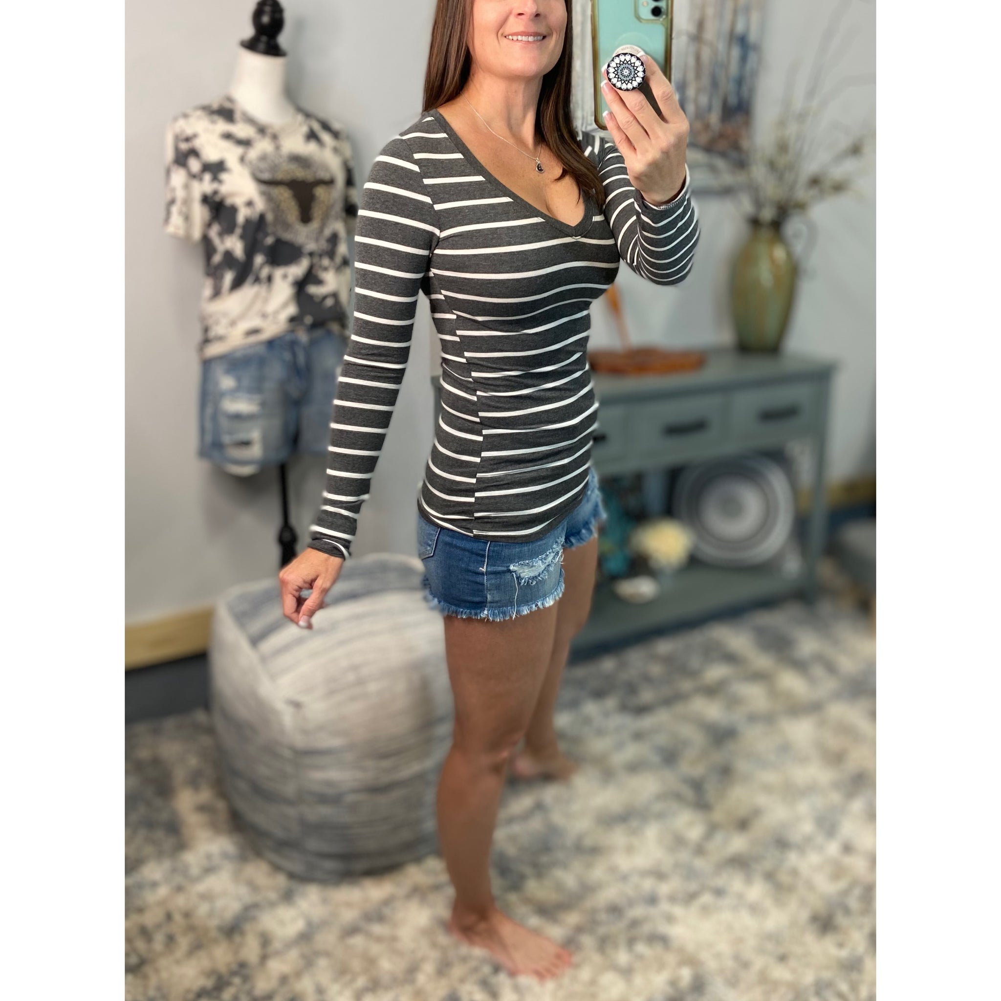 "Follow Me" Nautical Striped Preppy Stretch V-Neck Low Cut L/S Shirt Charcoal Gray White S/M/L