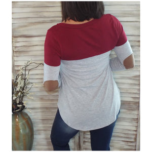 Suede Pocket Elbow Detail V-Neck Floaty Tunic 3/4 Sleeve Wine Gray S/M/L/XL