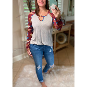 “Dream Catcher” Sporty Feather Long Sleeve Scoop Keyhole Neck Raglan Jersey Stretch Shirt Burgundy S/M/L