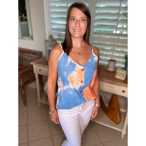 “Clouds in the Sky” Tie Dye V-Neck Button Up Floaty Spaghetti Strap Summer Tank Top Orange Blue